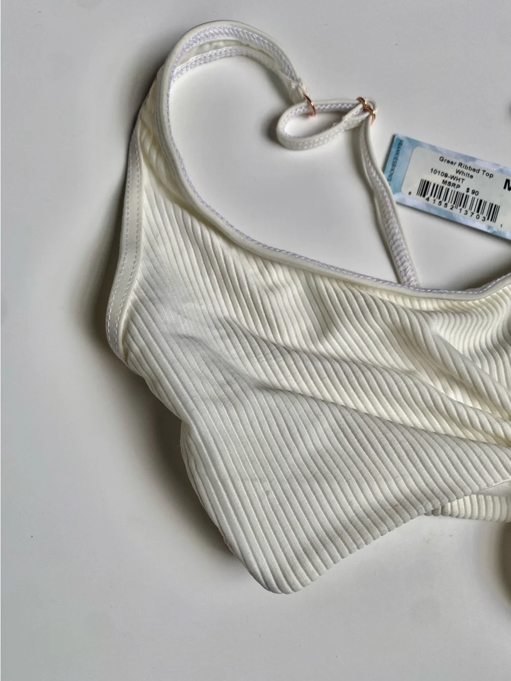 Frankie's Bikinis Ribbed Knot Front Swim Bra in Off-White (M)